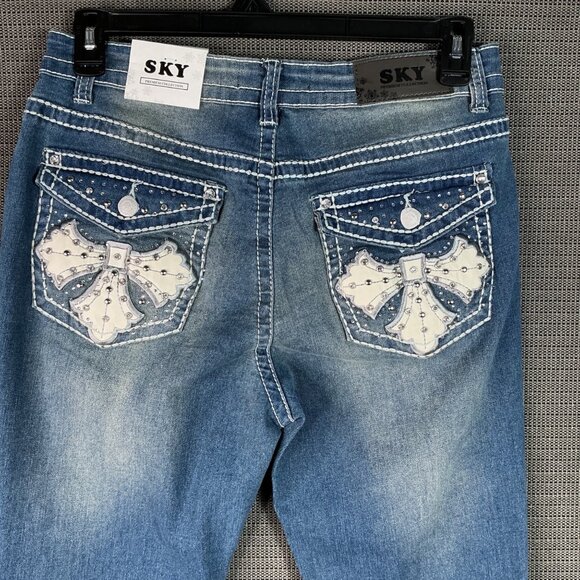 SKY Womens Size 13/14 Blue Super Soft Flare Jeans With Rhinestone Pocket Detail - Picture 3 of 12